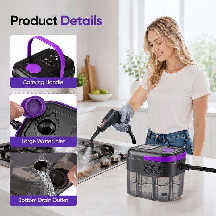 Portable Steam Cleaner 2500W, Heater in 15 s, Vacuum 120 °C Without Chemical Products, 6 Adjustable Flows, Tank 1700ml