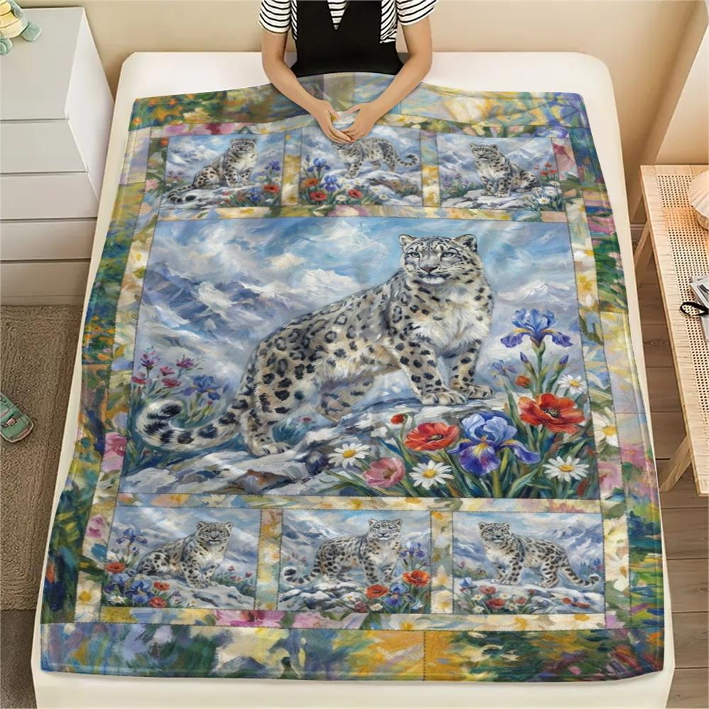 Snow Leopard Animal Print Flannel Blanket, High quality Comfortable for All Seasons, Home Decor, Warmth and Comfort, Perfect for Christmas Gifts121