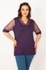 Женская блузка большого размера Сливовая блузка большого размера с тюлем и каменными деталями на рукавах и воротнике