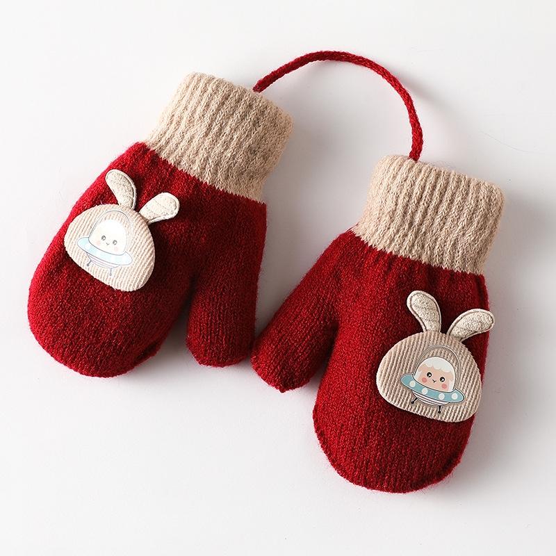 Cute Cartoon Children Gloves Thicken Kids Plush Fingerless Gloves 0-3year Toddler Hanging Neck Mittens Baby Winter Hand Warmer