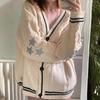 Women Sweater Coat V-neck Long Sleeve Single Breasted Knitting Cardigan Patchwork Color Embroidery Star Pattern Loose