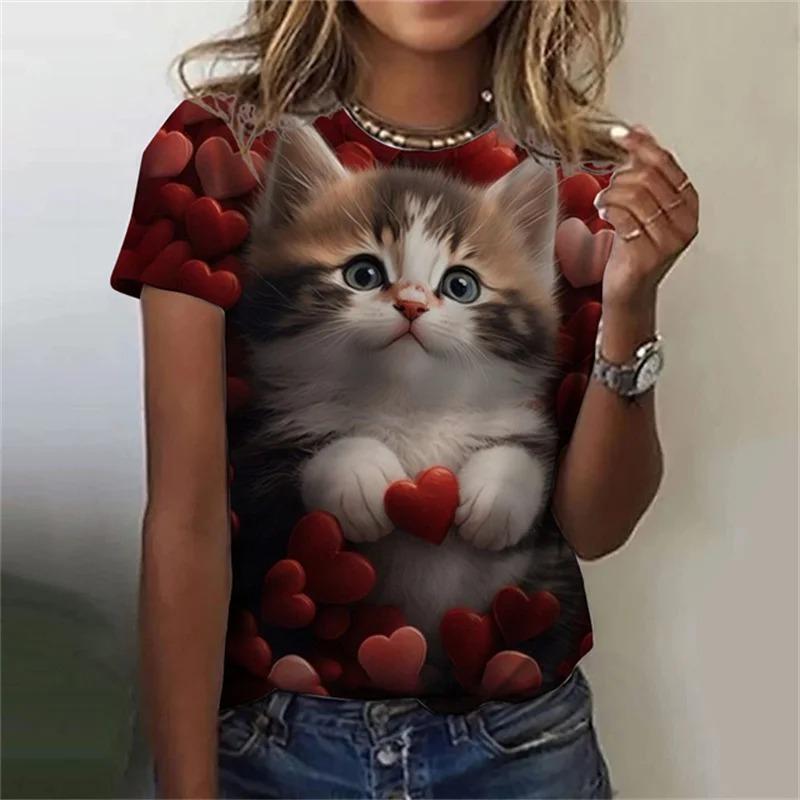 Модная женская футболка с 3D принтом Kawaii Cat Pattern, топ с короткими рукавами и круглым вырезом, летняя уличная повседневная уличная простая одежда