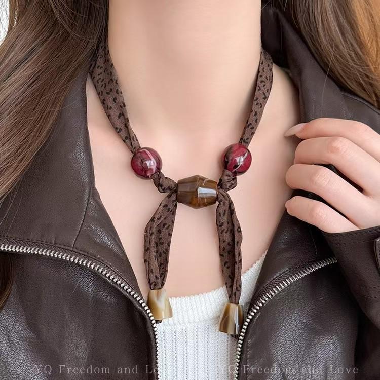 Женское ретро ожерелье-шарф с леопардовым принтом и бусинами - Регулируемая цепочка для свитера
