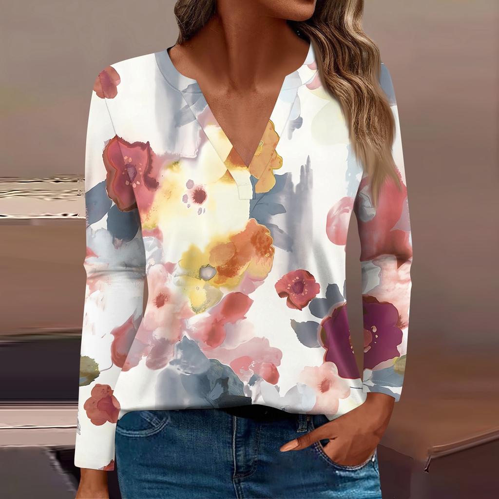 Женская футболка Футболка с принтом и длинным рукавом Повседневные выходные Мода Базовый топ с V-образным вырезом Обычный топ