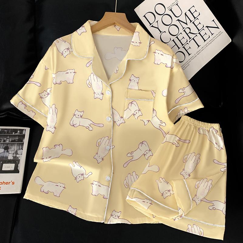 Летний женский пижамный комплект, роскошная атласная шелковая пижама с коротким рукавом, милая мультяшная пижама, повседневная домашняя одежда, ночная одежда для женщин