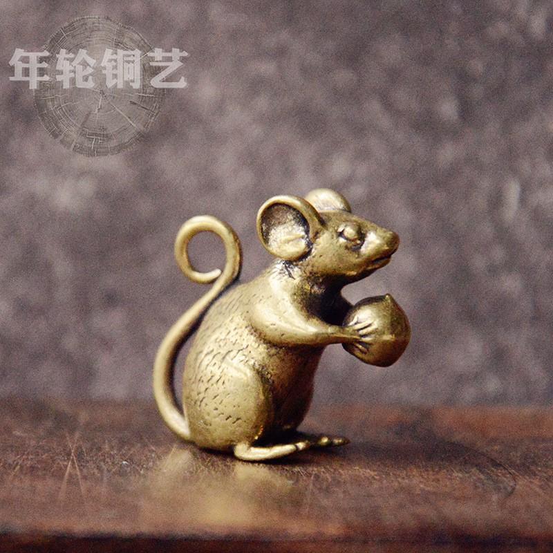 Solid Brass Rat Holding Peach Keychain Animal Zodiac Charm Decorative Key Ring Bag Car Home