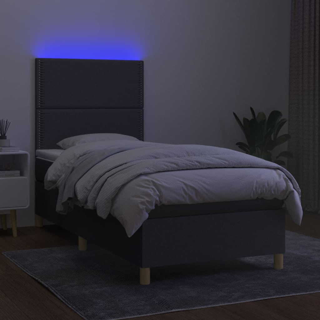 Box Spring Bed with Mattress & LED Dark Grey 90x190 cm Fabric