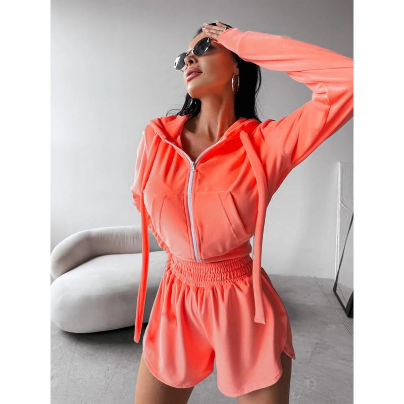 2026 Womens Solid Color Long Sleeve Zip-Up Hooded Cardigan Elastic Waist Shorts 2-Piece Casual Set