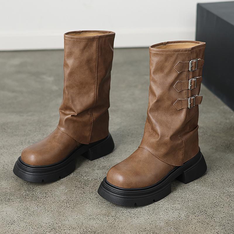 Новые женские сапоги Высокое качество Модные с круглым носком Однотонные с пряжкой На среднем каблуке Сапоги-чулки женские высокие сапоги