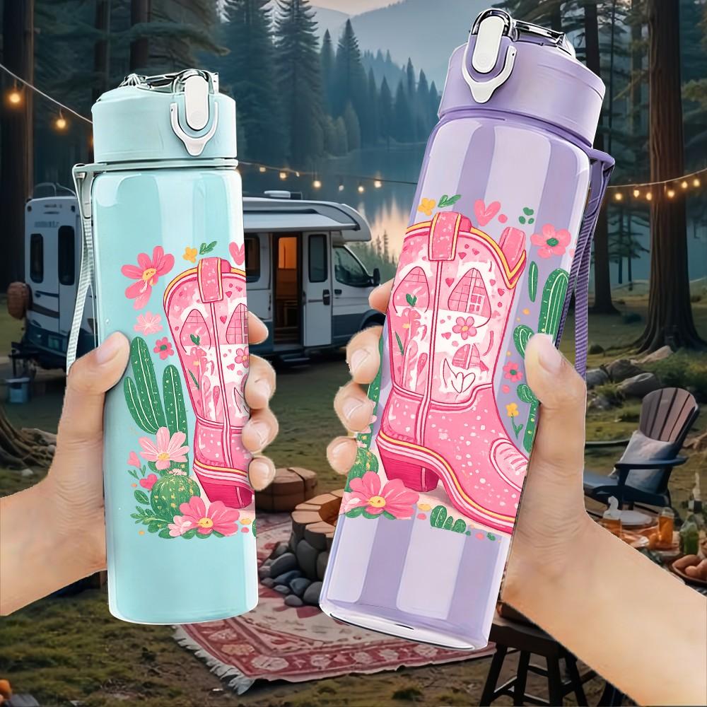 1PC Pink Cowboy Boot Cactus Western Print 750ml Color Plastic Sports Water Bottle Leakproof Flip Straw Lid Suitable for Sports Office Home Use