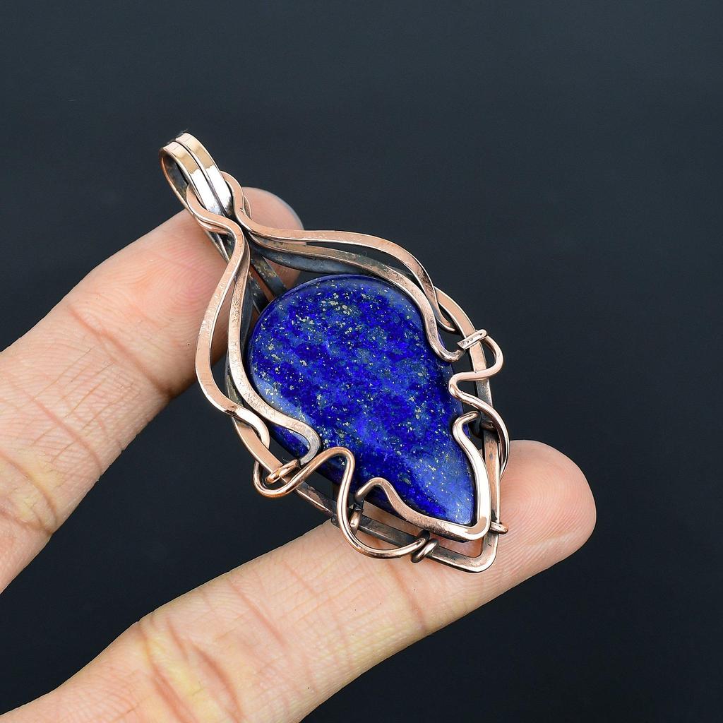 Подвеска из лазурита, ювелирное изделие из драгоценного камня ручной работы, подвеска, обернутая медной проволокой 999 пробы, ювелирная подвеска уникального дизайна