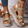 Мода Мода Золотые Сандалии на танкетке Женские 2025 Летние сандалии на платформе с перекрестными ремешками Женские Большого размера На толстой подошве Римские туфли Женские