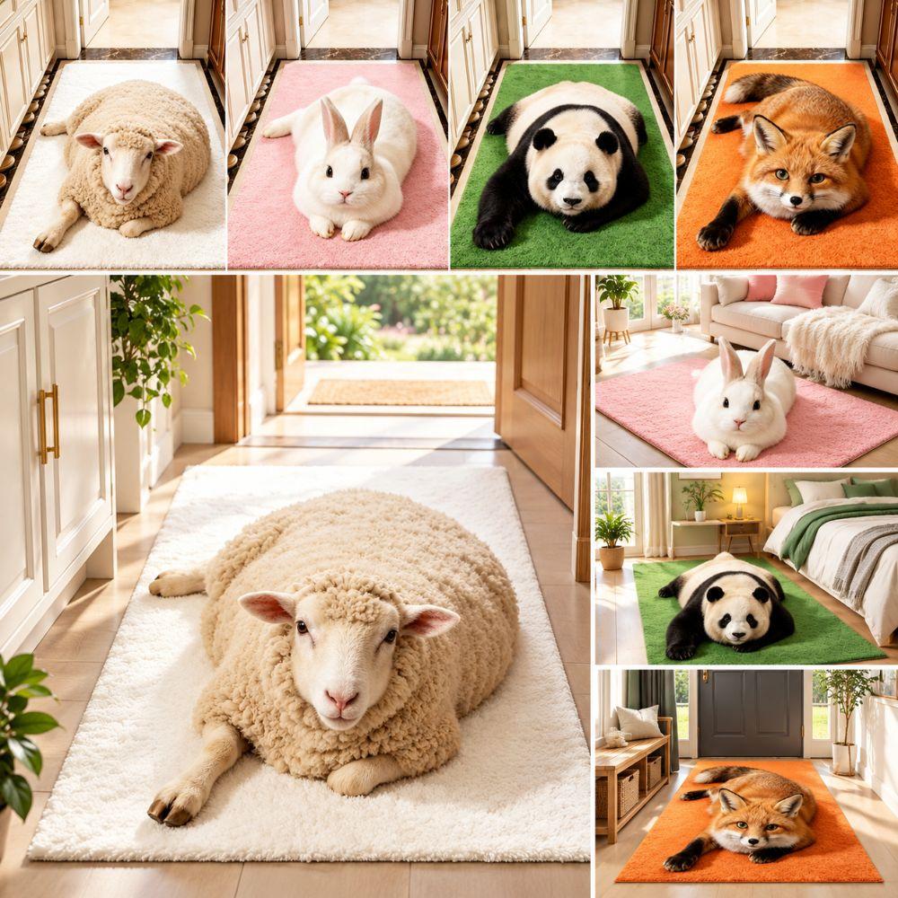 Absorbent Animal Shaped Carpet 3D Printed Bathroom Floor Mat Cat-Shaped Area Rug Home Floor Decor