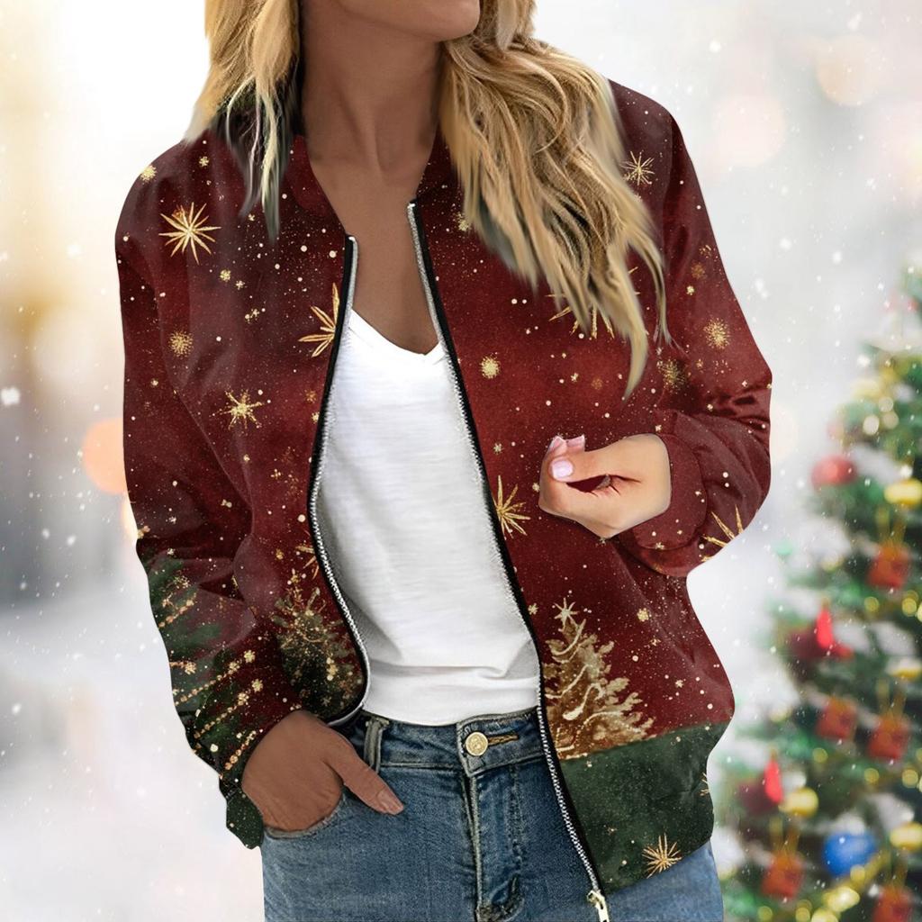 Женская легкая короткая куртка с длинными рукавами на молнии с принтом, повседневная стеганая куртка с карманами, рождественская