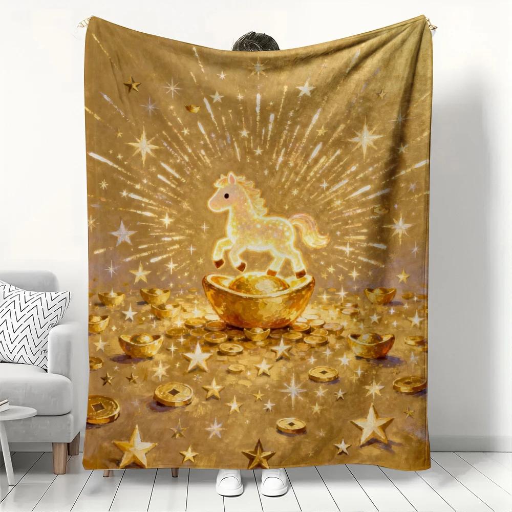 Lucky Golden Horse Flannel Blanket Wealthy Coin Star Pattern Throw for Year of the Horse Soft Cozy Home Decor