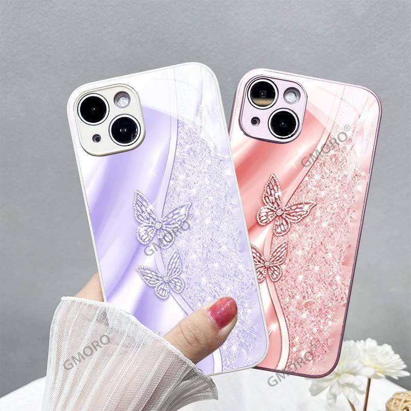 Light luxury flash diamond butterfly mobile phone case Apple 14promax metallic paint glass case iPhone17pm protective case