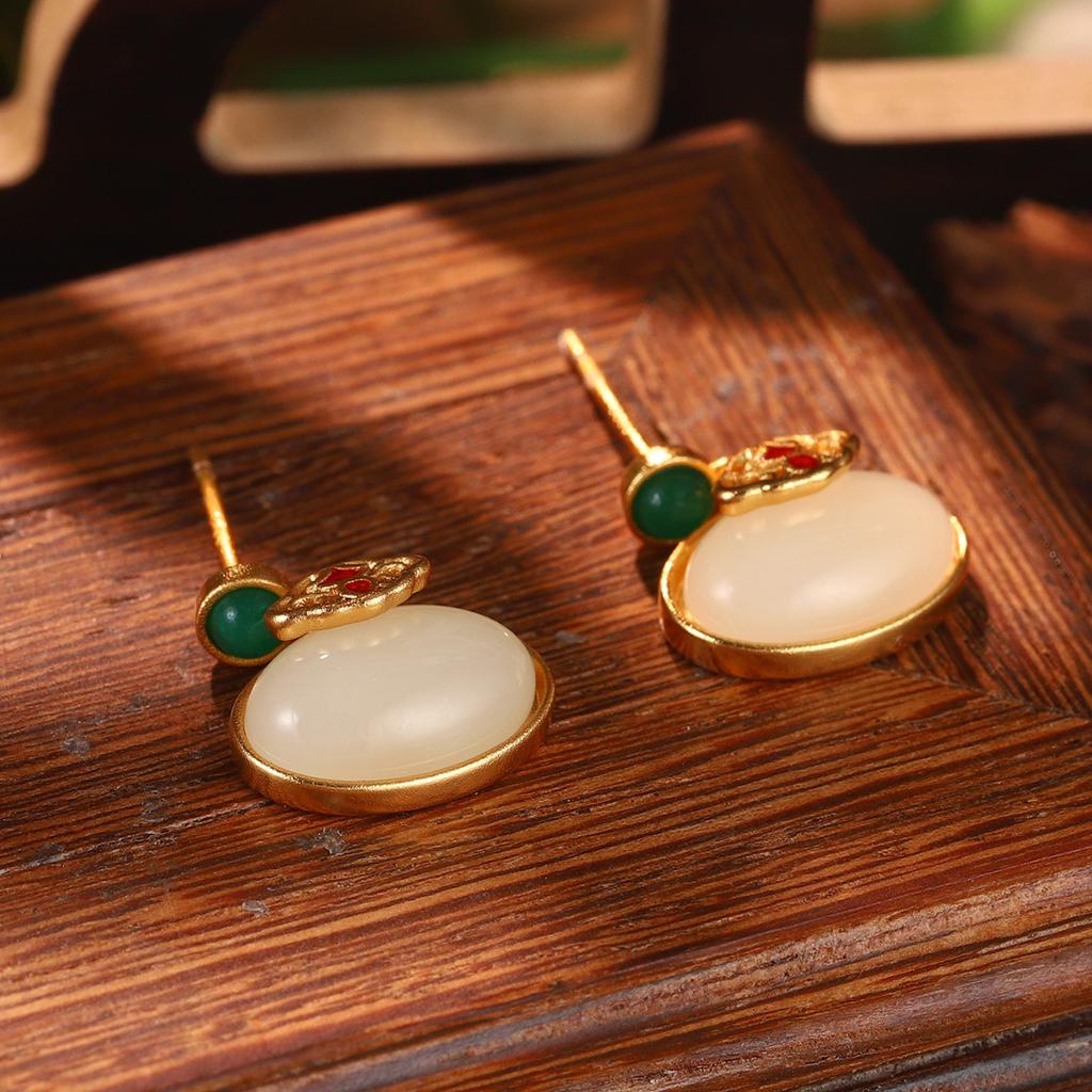 Antique new Chinese style flower fringed pearl earrings Hanfu accessories earrings imitation Hetian jade green agate temperament ear hook