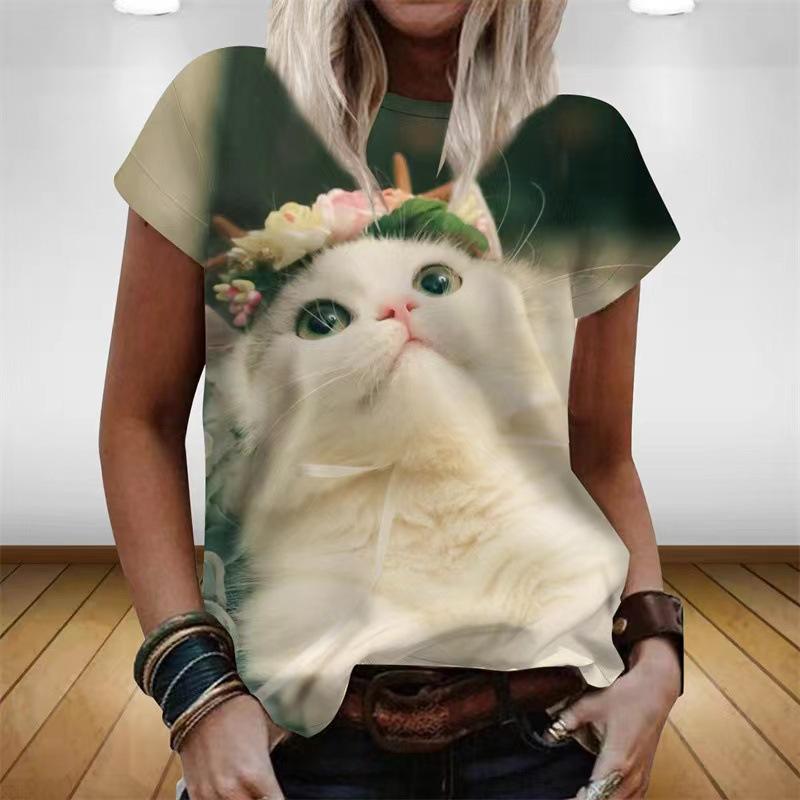 Женская мода 3D принтованная футболка Cute Cat Series круглый вырез женский топ
