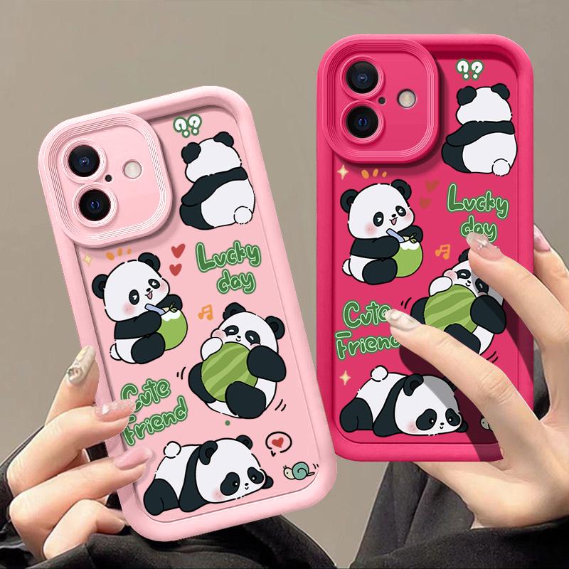 Lucky Panda Pattern Solid Color Shell для iPhone 16 Pro 15 14 Plus 13 12 Pro Max 11 Xs Xr 8 7 Ударопрочный мягкий TPU защитный чехол для объектива от падений
