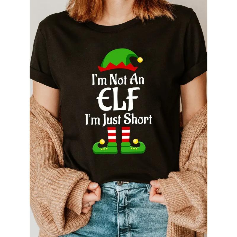 Летние женские свободные повседневные футболки с круглым вырезом и короткими рукавами из чистого хлопка с рождественским принтом