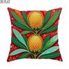 1pc 2D Flat Throw Pillow Covers Autumn Tropical Protea Flower Green Leaves Red Background Soft Velvet Washable Pattern Pillow Covers for Living Room B