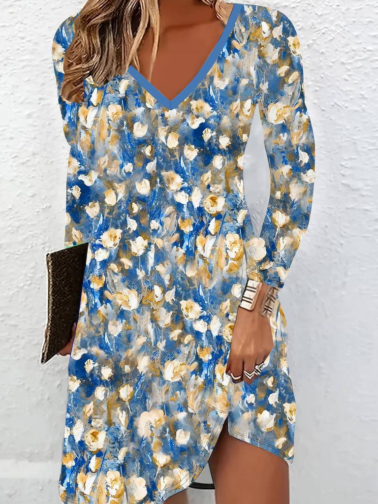 Платье с 3D цветочным принтом, длинными рукавами - Эксклюзивный трендовый предмет для женщин на осень и зиму