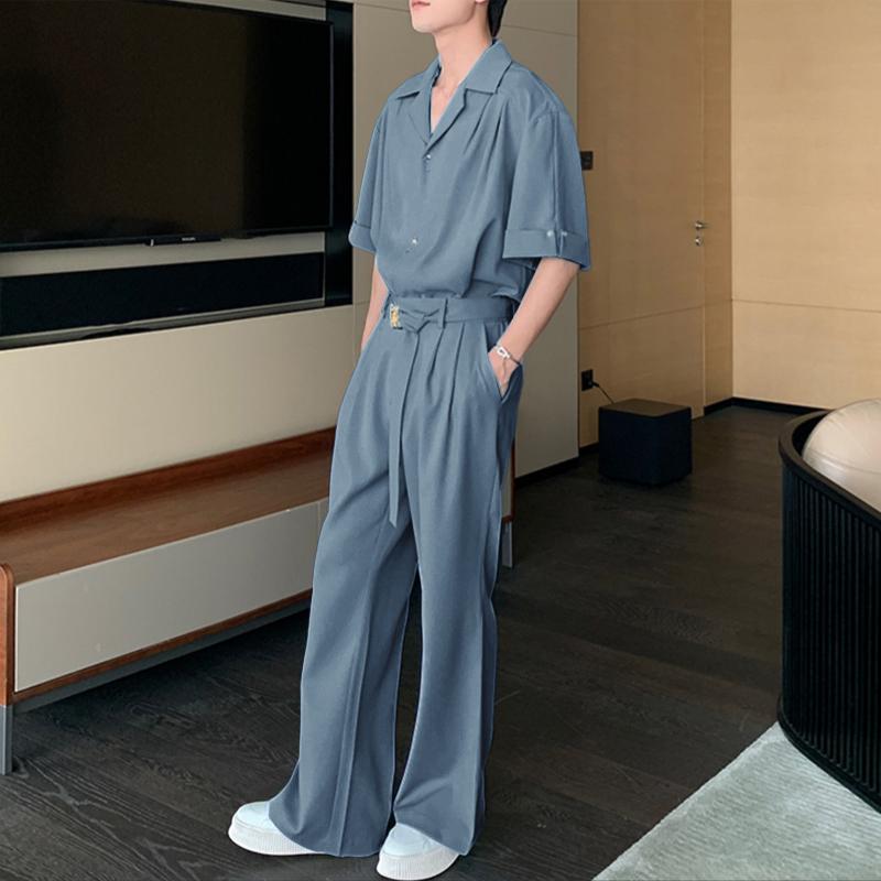 INCERUN Комплекты из двух предметов для мужчин с лацканами, с коротким рукавом, в полоску, рубашка, длинные брюки