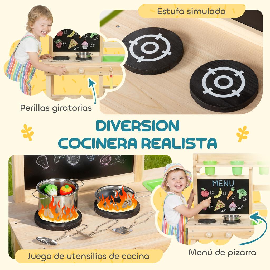 Wooden Outdoor Toy Kitchen, Flower Pots, Sinks, Faucet, Stainless Steel Utensils