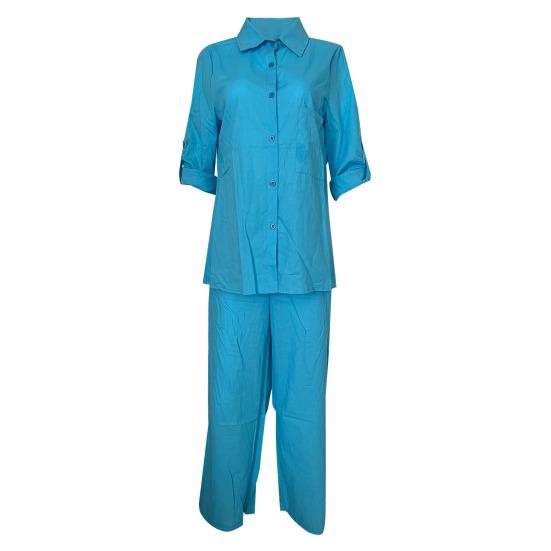 2 Pcs/Set Women Shirt Pants Set Solid Color Turn-down Collar Long Sleeve Top Wide Leg Elastic Waist Loose Pants Commute Clothes Blouse Trousers Set