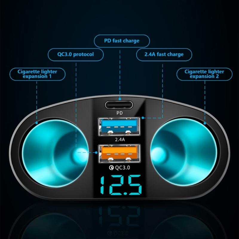 12В/24В Автомобильный прикуриватель Двойной USB Type C Быстрая зарядка Автомобильный зарядный адаптер-разветвитель со светодиодным дисплеем