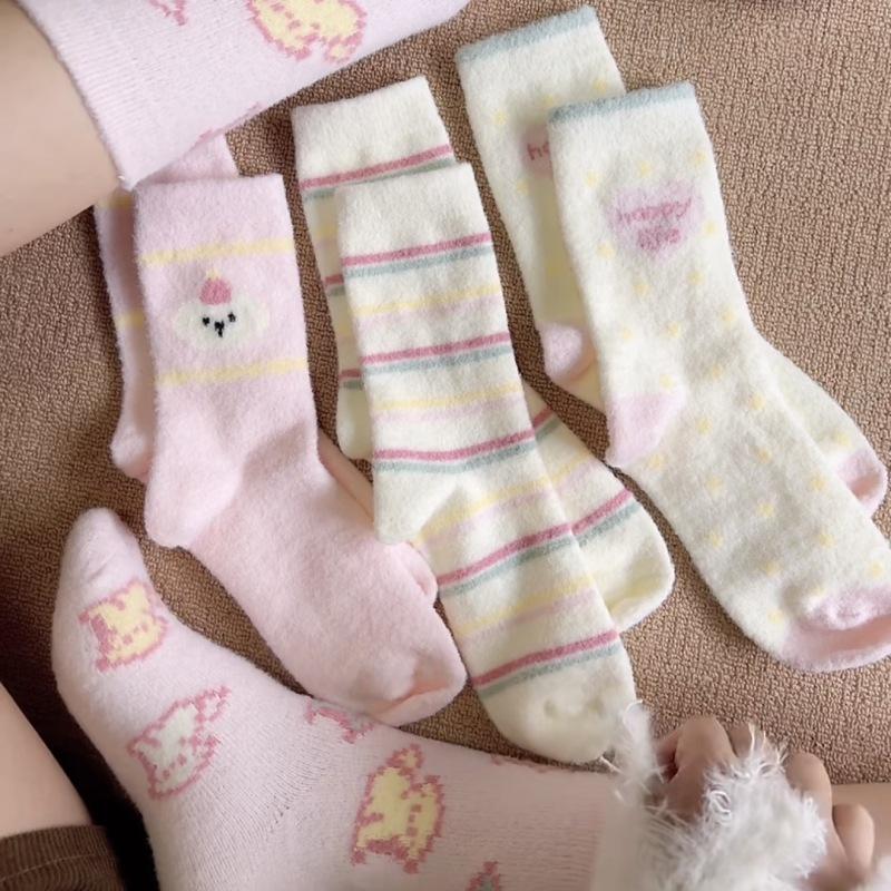 Female Autumn and Winter Thickened Warm Lovely Pink Moon Floor Sleep Tube Cotton Socks