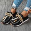 Ethnic Style Beaded Loafers Women's Autumn New Foreign Trade Large Size Front Lace-up Doudou Shoes
