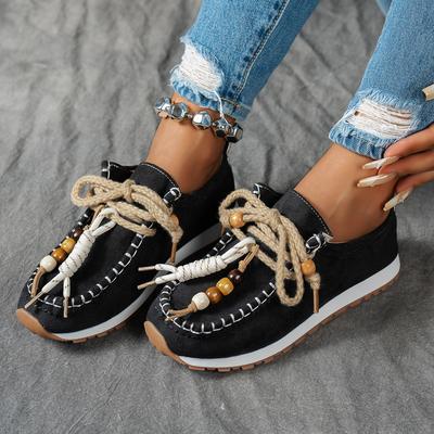 Этнические лоферы с бисером, женские осенние новинки, внешнеторговые, больших размеров, на шнуровке спереди, туфли Doudou