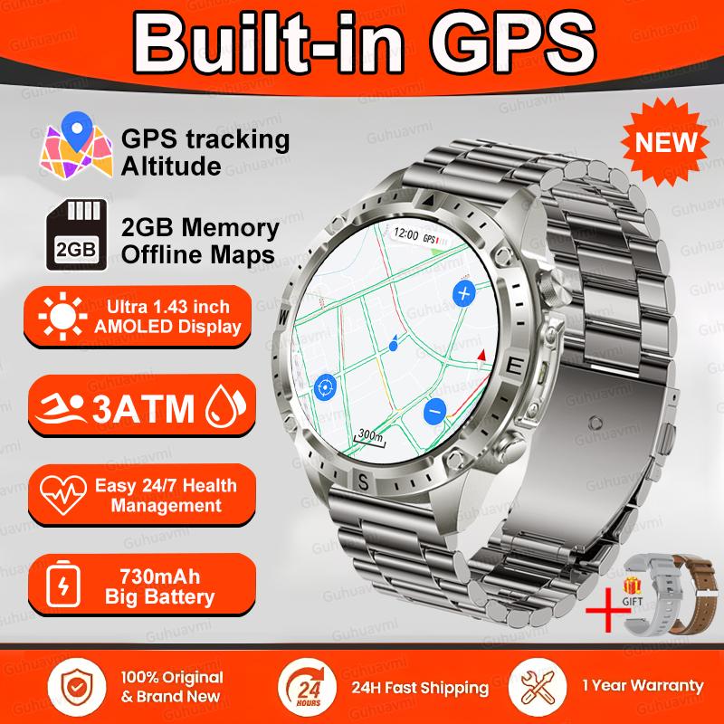 Умные часы Мужские GPS-трек Высококлассные часы Водонепроницаемые для плавания Умные часы Шестиосевой датчик Спортивные умные часы 2 ГБ памяти GPS-карта