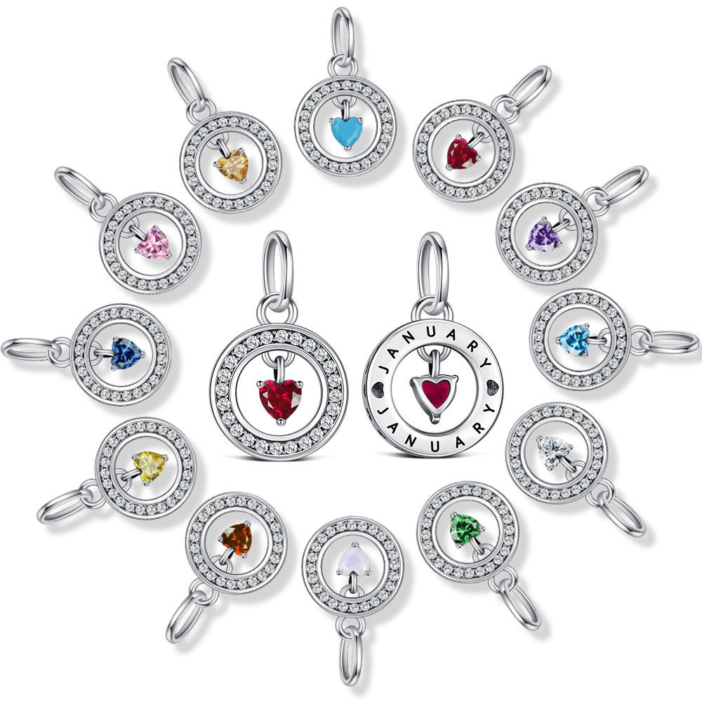 S925 Silver Lucky Month Birth stone Charm Fit Bracelets Diy For Women Pendant Colorful 12 Month Charm
