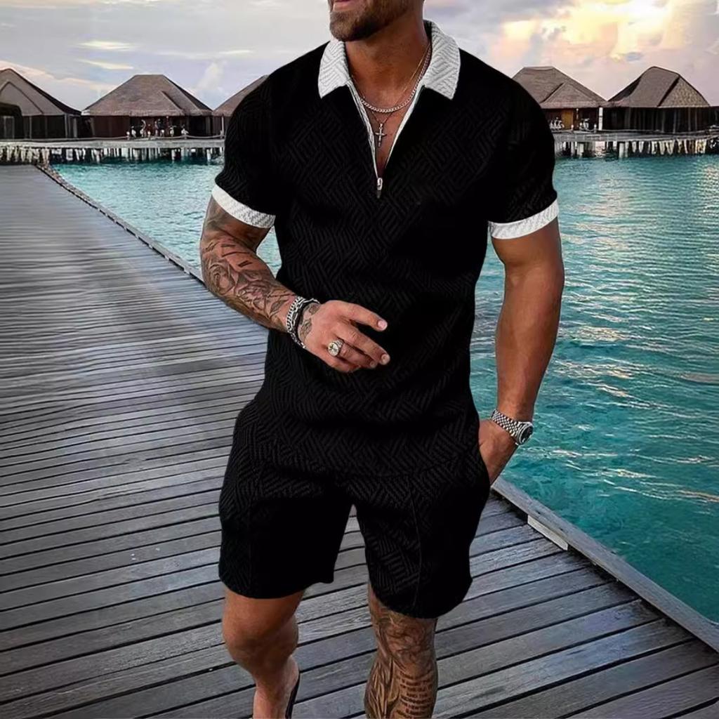 Men's Casual Contrast Color Short Sleeve Polo Shirt Set, Zip Collar Polo Outfit for European American, Dropshipping Independent Station Stock