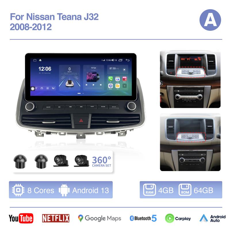 12.3" Для Nissan Teana J32 2008-2012 Автомобильный мультимедийный видеоплеер GPS-навигация Радио Android13 8 ядер 8+256 Carplay 4G 360-камера