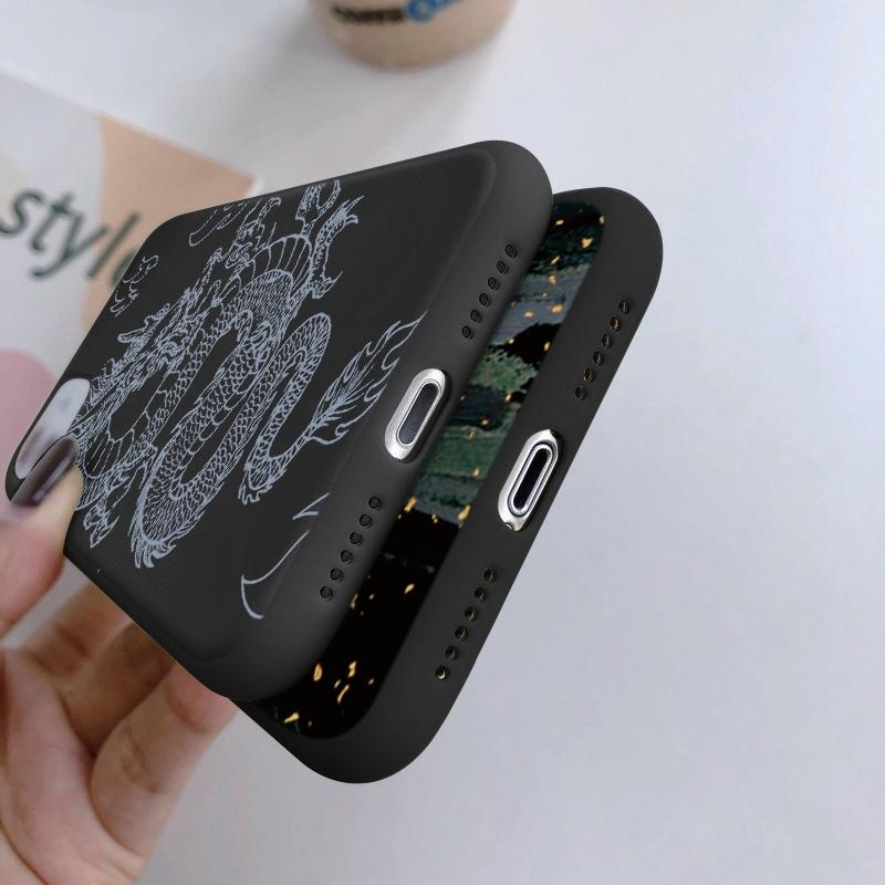 Мягкий силиконовый черный чехол с китайским узором в виде линии Лунга для Xiaomi Redmi Note 13 Pro Samsung A55 A35 M35 S24 iPhone Camera Защитный противоударный чехол