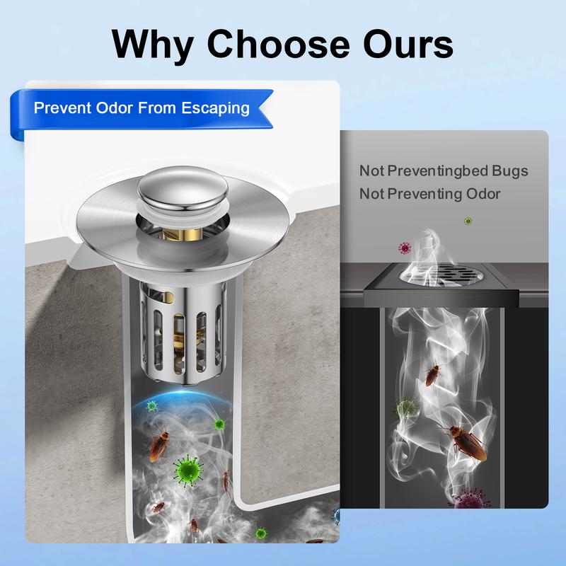 JOMST Bath Universal 2-в-1 заглушка для раковины в ванной комнате, выдвижная, со съемным фильтром из нержавеющей стали, препятствующим засорению, заглушка для слива волос, против запаха