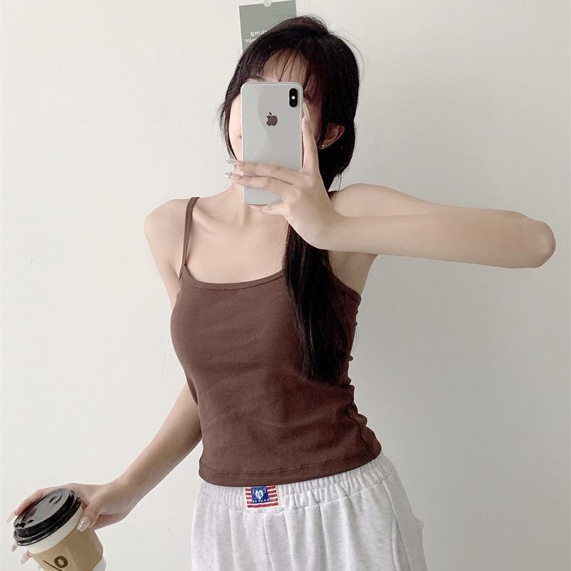 Женская майка с нагрудной подушечкой, красивый жилет с открытой спиной, облегающий грудь, однотонный короткий топ