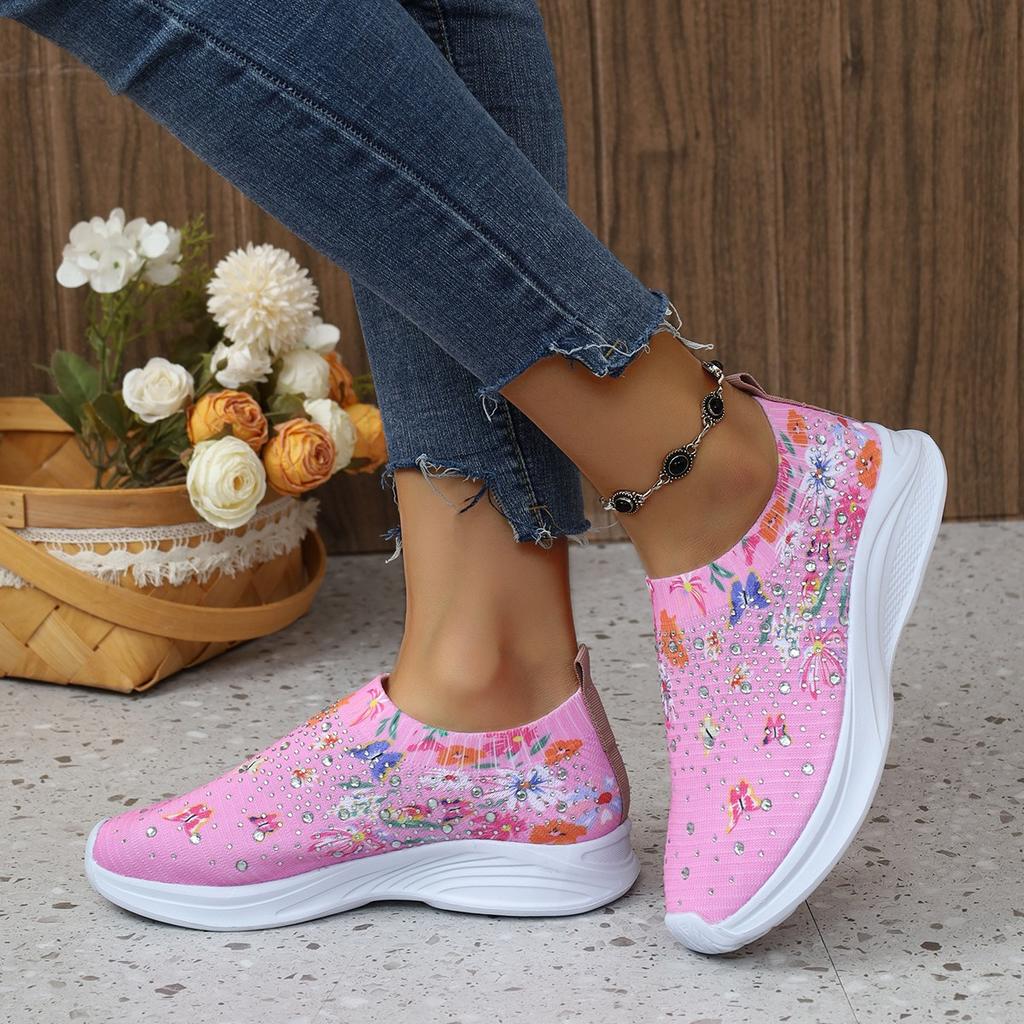 Fashion Flower Print Knitted Sneakers Women Shiny Crystal Breathable Walking Shoes Woman Plus Size 43 Casual Non-Slip Sock Shoes Ladies
