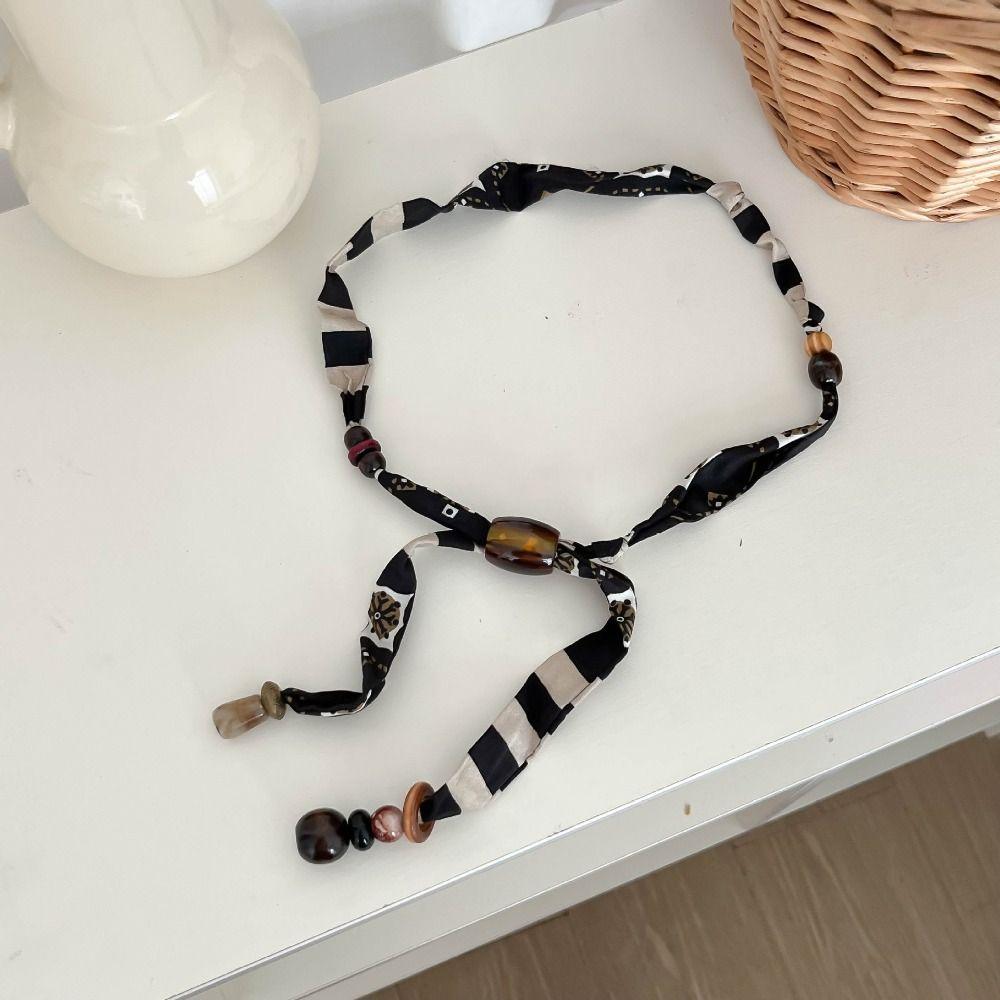 Multicolor Cloth Chain Necklace Strip Bohemian Choker Unique Wood Bead Necklace Male