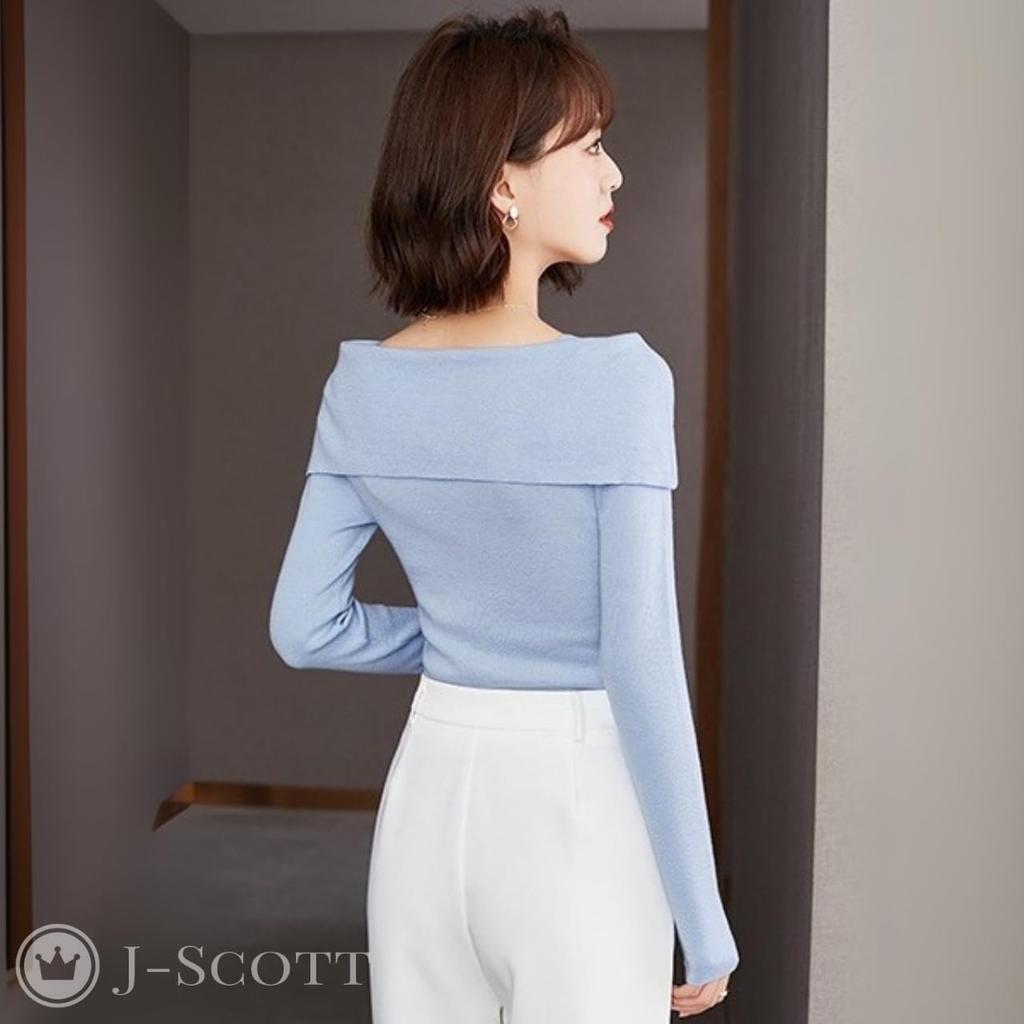 J-Scott Boat Neck Knit Top with Ribbon Motif, Lightweight, Soft, Slim Fit, 1/4 Sleeves, Blue, JS112-BL-XL
