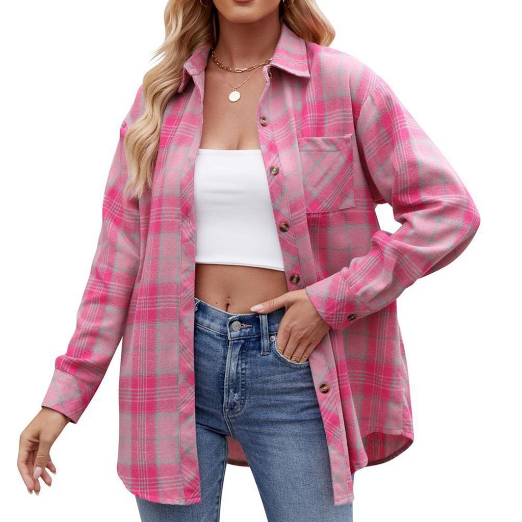 Women's Fashionable Wide Plaid Long Sleeved Loose Button Pocket Shirt Jacket