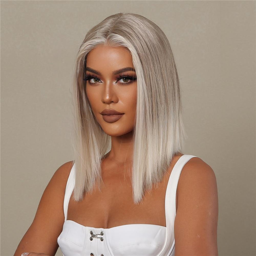 Блондинка, синтетический парик с кружевной передней частью, средней длины, омбре, от блондинки до платины для женщин, повседневные вечерние парики для косплея, термостойкие волокна волос