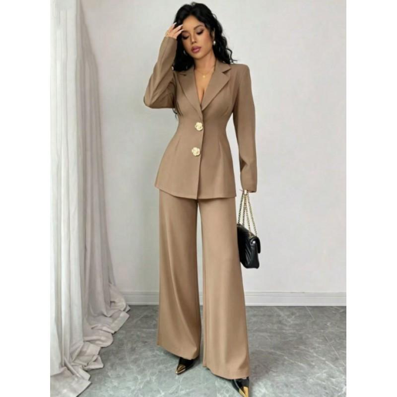 Womens 2026 Slim-Fit Blazer Wide-Leg Pants 2-Piece Set Elegant Office Casual Outfit Black Beige