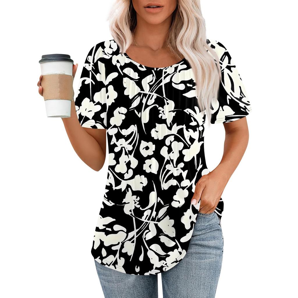 Женская летняя модная повседневная плиссированная футболка с коротким рукавом и круглым вырезом с принтом Топ