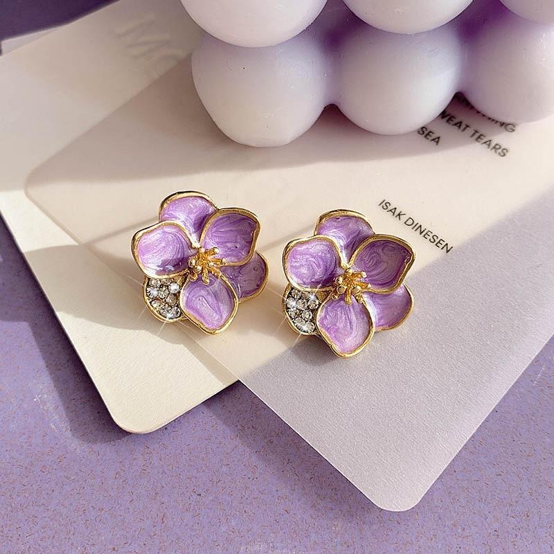 New Fashion Blooming Flowers Stud Earrings for Women Purple Enamel Oil Crystal Earrings Wedding Party Cute Fashion Jewelry Gift