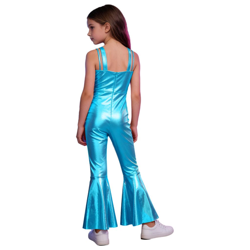 Kids Metallic Disco Dance Bodysuit: Sleeveless Sequins Tassels Jumpsuit with Back Invisible Zipper & Flared Pants
