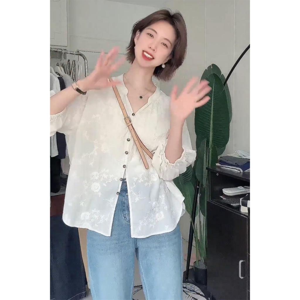 Элегантный вышитый женский топ с рукавом семь восьмых, лето 2025